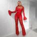 Women's Lace Jumpsuit – Flared Sleeve & Deep V-Neck Romper | Elegant Winter One-Piece With Flowy Silhouette_ecoleips.com