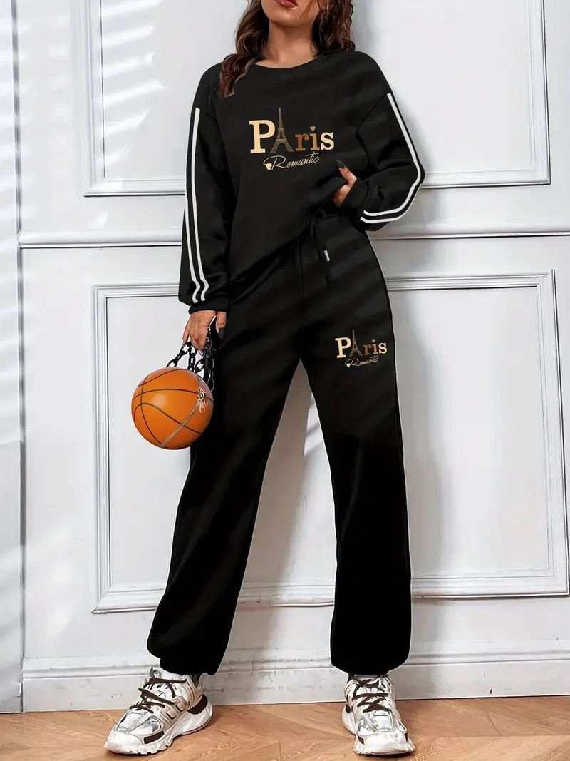Men's Letter Print Sweatshirt & Jogger Set – Oversized Casual Lounge Wear (S-XXL, Black/White, Polyester, Streetwear Comfort For Gym & Daily Errands)_ecoleips.com