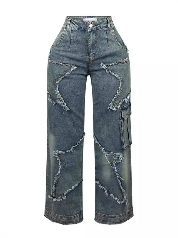 Women's Loose Straight Jeans With Star & Fringe Details - Vintage Distressed Denim Pants For Casual Wear_ecoleips.com