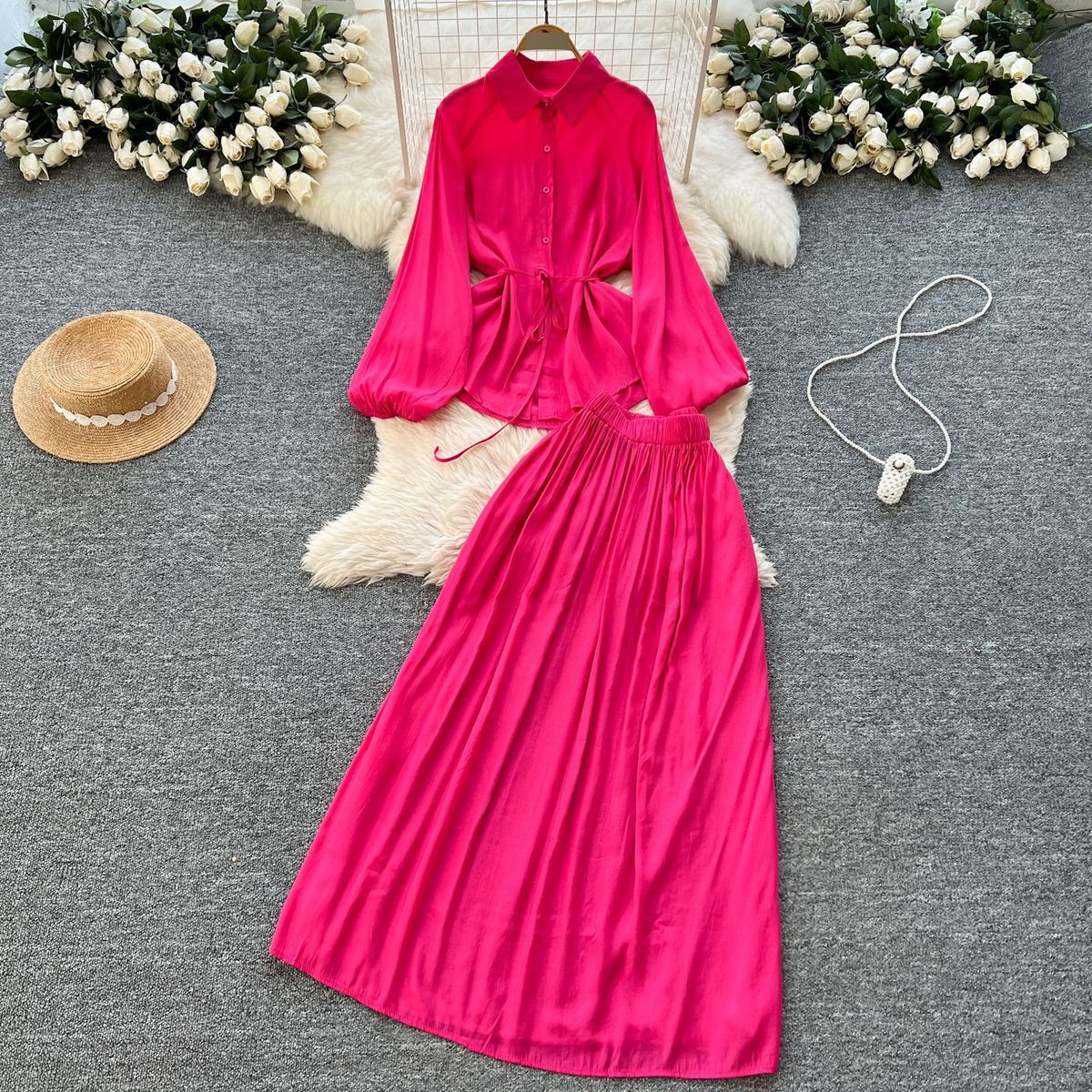 Women's Clothing Minimalist Style Solid Color Temperament Suit Women's Spring Puff Sleeve Tie Shirt + Elastic Waist Slim Long Skirt_ecoleips.com
