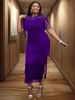 Women's Plus Size Evening Dress – Sheer Side Slit Party Dress (Fringe Detail & Curve Flattering)_ecoleips.com