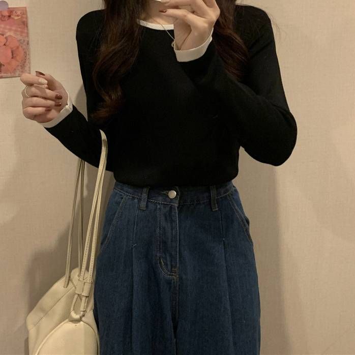Women's Slim Fit Long Sleeve T-Shirt Base Two Tone Round Neck Short And Thin Top For Autumn Niche Design_ecoleips.com