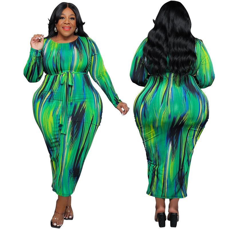 Women's Clothing Plus Size Women's Round Neck Long Sleeve Dress Irregular Striped Long Long Sleeve For Formal & Casual For Women_ecoleips.com