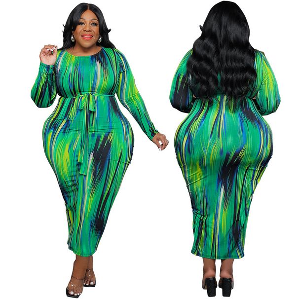 Women's Clothing Plus Size Women's Round Neck Long Sleeve Dress Irregular Striped Long Long Sleeve For Formal & Casual For Women_ecoleips.com