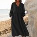 Breathable Linen Cotton Blend Maxi Dress - Loose Fit High Waist A-Line V-Neck Boho Chic Women's Dress In Solid Colors (S-5XL)_ecoleips.com