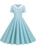 Summer Midi Dress Women Elegant Pink Vintage Party Sundress Casual Peter Pan Collar Short Sleeve Dress_ecoleips.com