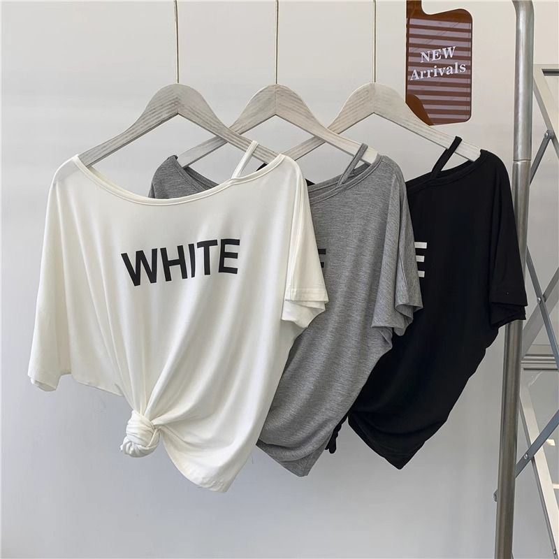 Women's Clothing Soft Modal Off Shoulder T Shirt Women's Summer Letter Loose Irregular T Shirt Top_ecoleips.com
