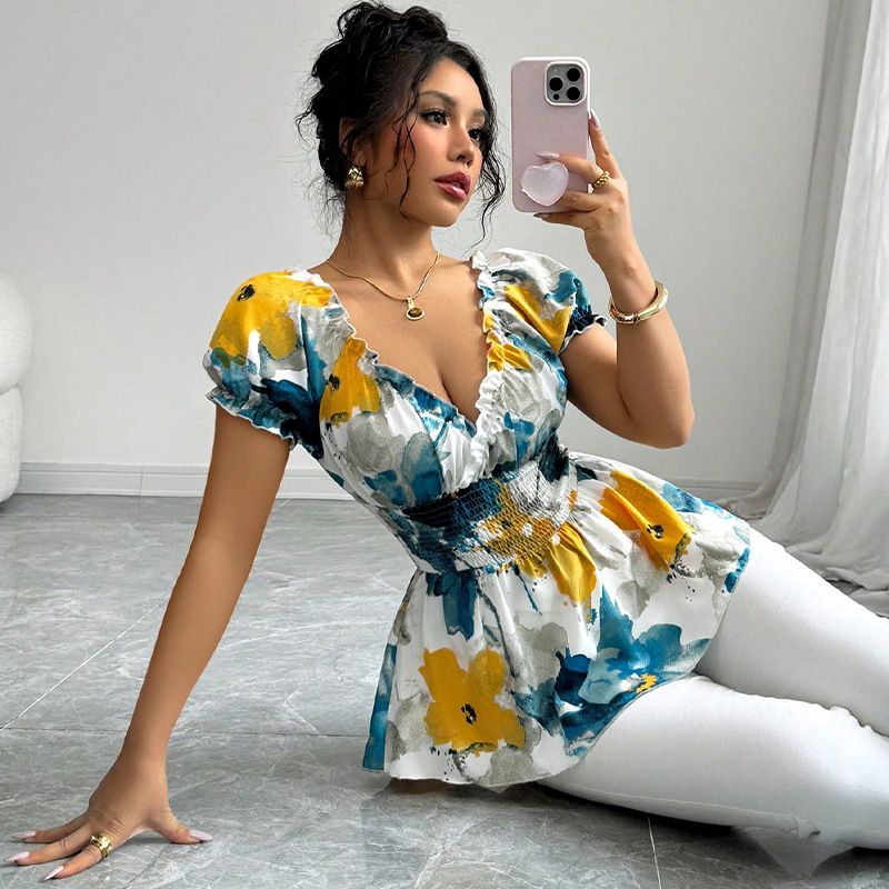 Women's Slim Fit Tie-Dye Pullover Top - Deep V-Neck Holiday Shirt (Summer Style, Lightweight & Comfortable_ecoleips.com