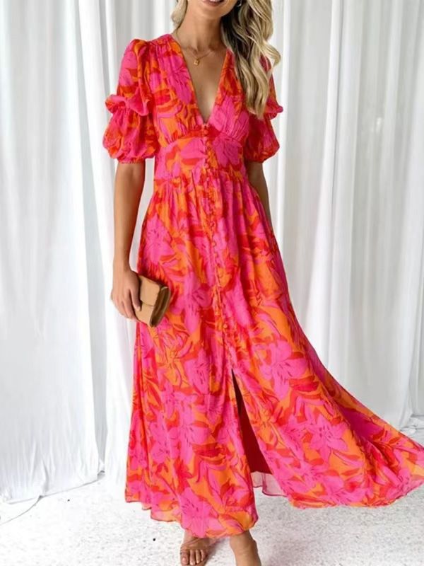 European And American Women's V-Neck Long Dress Short Sleeved Puff Sleeves Elegant Fashionable Buttons Spot Cross Border New 2025_ecoleips.com