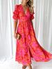 European And American Women's V-Neck Long Dress Short Sleeved Puff Sleeves Elegant Fashionable Buttons Spot Cross Border New 2025_ecoleips.com