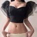 Cross-border Mesh Puff Sleeve Patchwork Chest Pads, Black Off-shoulder Bustier Tank Top With Ruffles_ecoleips.com