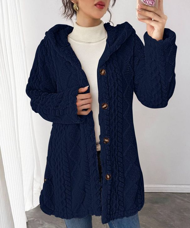 Women's Jacquard Fleece Hooded Cardigan – Winter Fashion Long Coat, Elegant & Warm Open Front Sweater (Navy/Red/Brown/Black/Dark Blue)_ecoleips.com