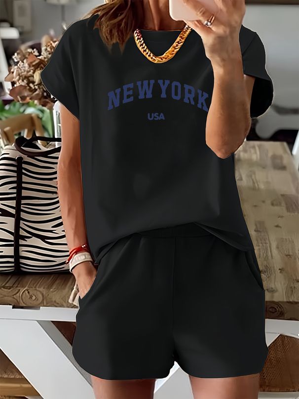 Summer New Pink New York NU Pattern T-shirt, Casual Printed Round Neck Short Sleeved Top With Elastic Waist Pocket, Women's Two-piece Set-281_ecoleips.com