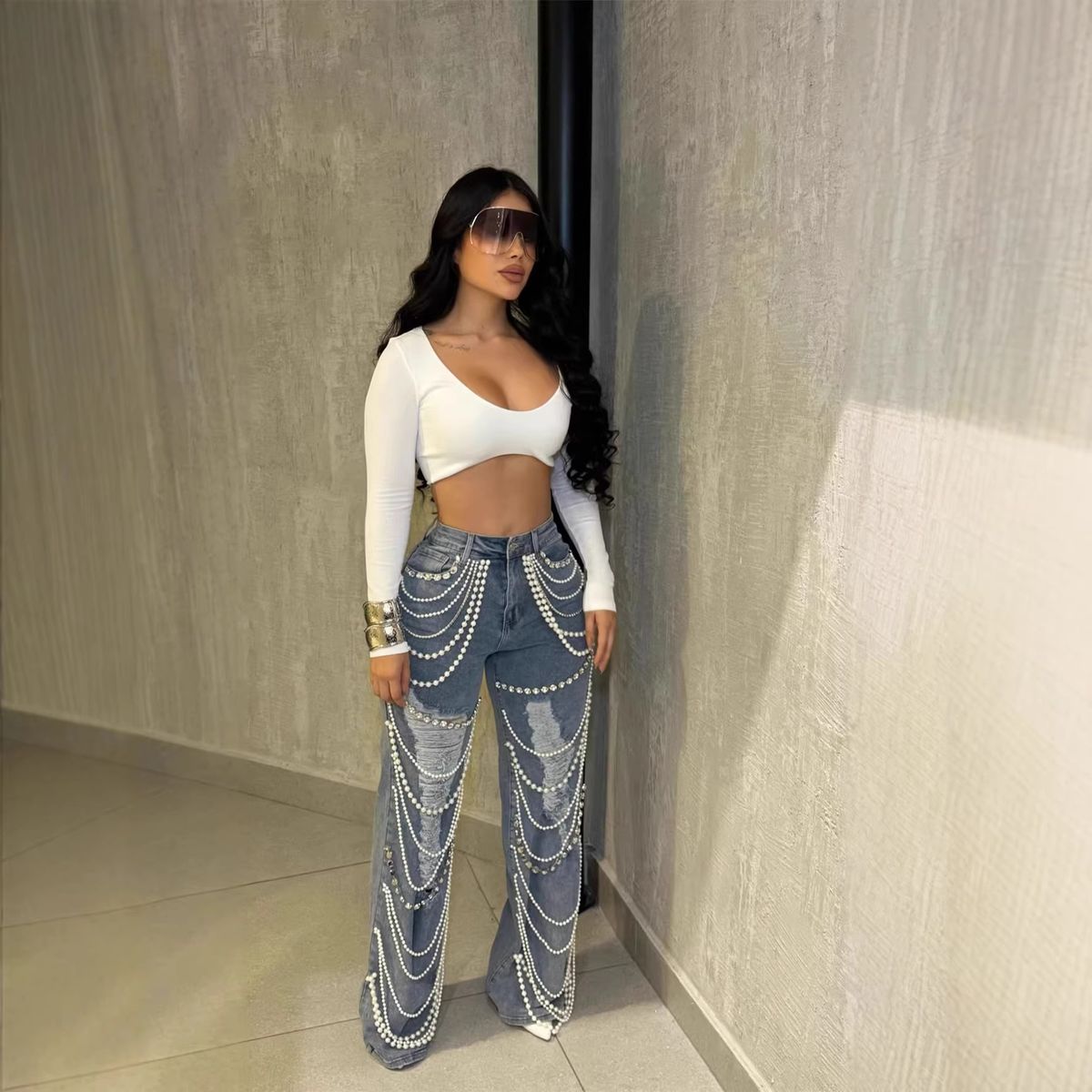 Women's Clothing Women's Distressed Straight Leg Jeans With Diamond Chain Beaded Pendant Fashion For Formal & Casual_ecoleips.com