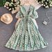 Women's French Style Crossover V Neck Dress Slimming Geometric Print Long Dress With Elastic Waist For Summer_ecoleips.com