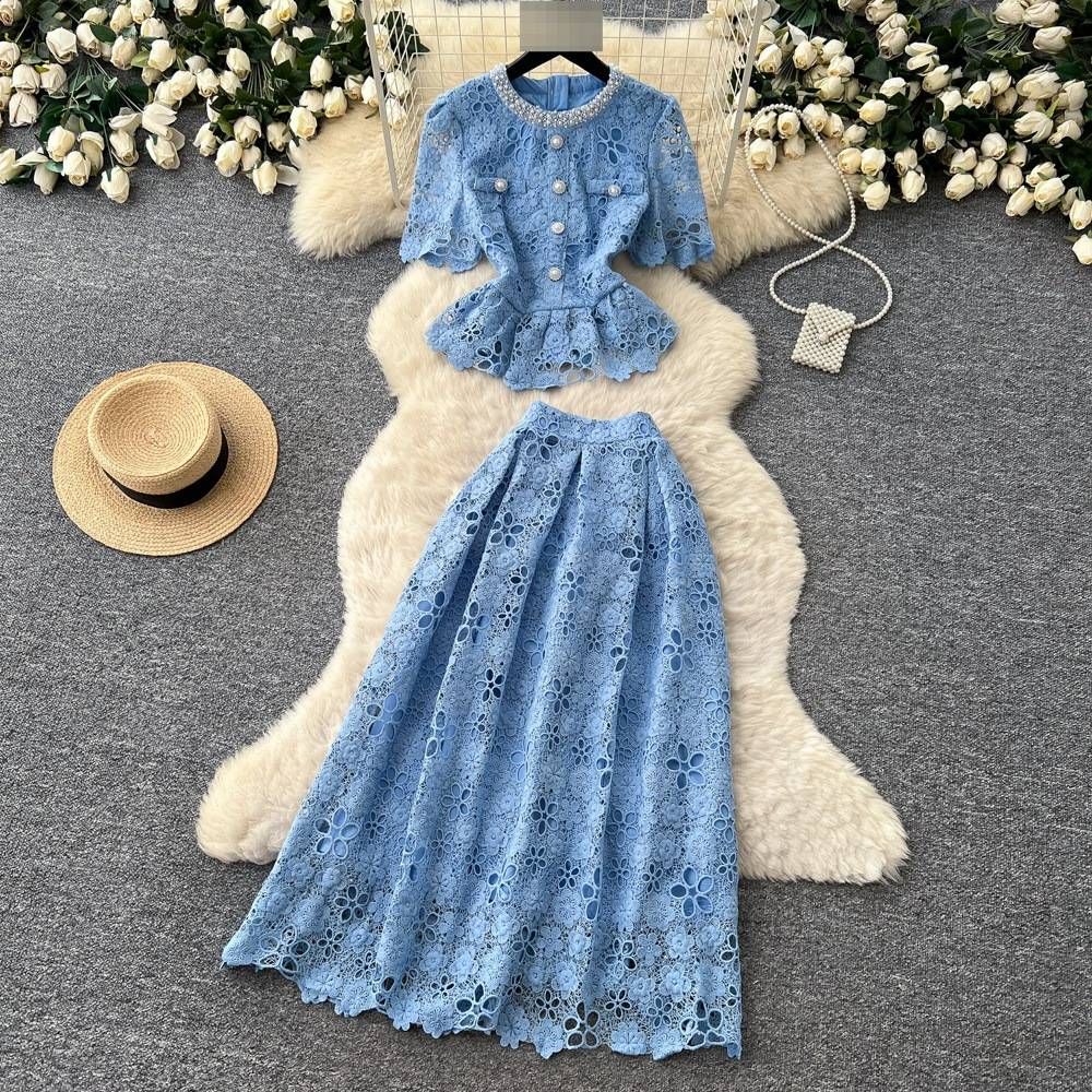 Women's French Style Lace Puff Sleeve Top & High Waisted Skirt Set Slimming Two Piece Summer Outfit Gentle Vibes_ecoleips.com