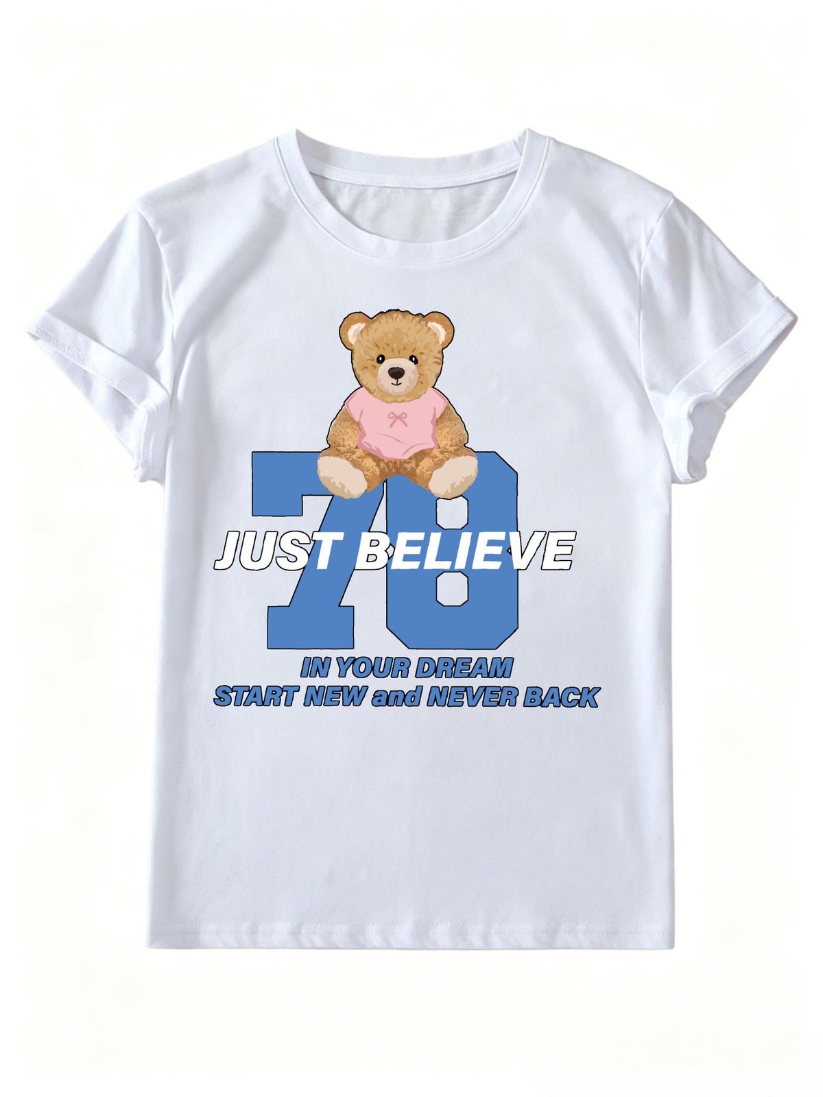 Women Cute Teddy Bear Number 78 Graphic T Shirt JUST BELIEVE Letter Print Crew Neck Casual Short Sleeve Basic Tee_ecoleips.com