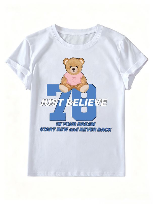Women Cute Teddy Bear Number 78 Graphic T Shirt JUST BELIEVE Letter Print Crew Neck Casual Short Sleeve Basic Tee_ecoleips.com