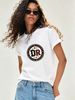 Women Summer Crew Neck Short Sleeve T-Shirt, Vintage Circular DR Baseball Star Lightning Badge Graphic Casual White Loose Sport Streetwear Tee Top_ecoleips.com
