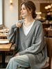 Gray Deep V Multi Pocket Pit Rib Knit Tunic Sweater, Oversized Loose Lightweight Breathable Soft Skin-touch Long Sleeve Pullover_ecoleips.com