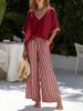 Women's Summer Cotton Linen Two Piece Set V Neck Short Sleeve Top Striped Wide Leg Pants Loose Fit Cross Border Casual Style_ecoleips.com