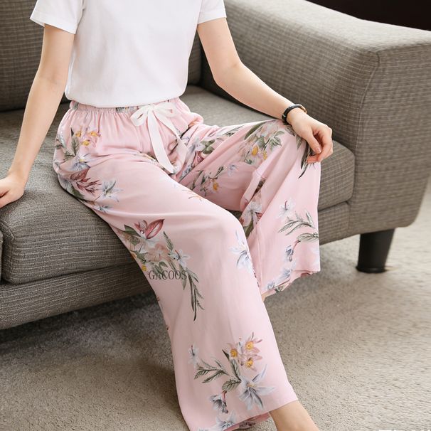 Women's Pants Home Clothes Summer Shorts Flower Printed Wide Leg Trouser Suits Sleepwear Large Size Sleep Bottoms Lounge Wear_ecoleips.com