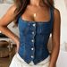 Women's New Dark Denim Small Vest With Buttoned Shoulder Straps Solid Color Suspender Top Vest Cross Border Hot Sale SU3853_ecoleips.com