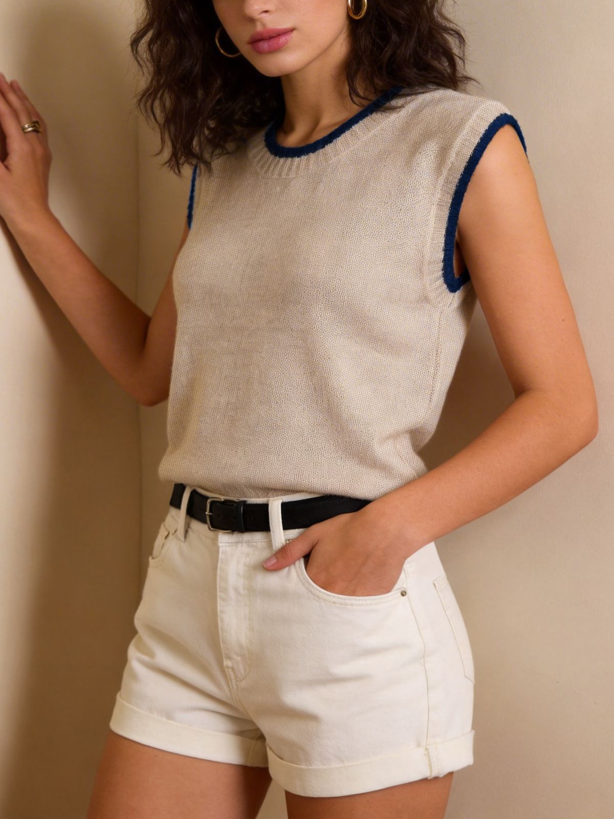 Women's Retro Forest Style Color Block Vest Sleeveless round Neck Pullover Knitwear Loose Slimming Summer Top_ecoleips.com