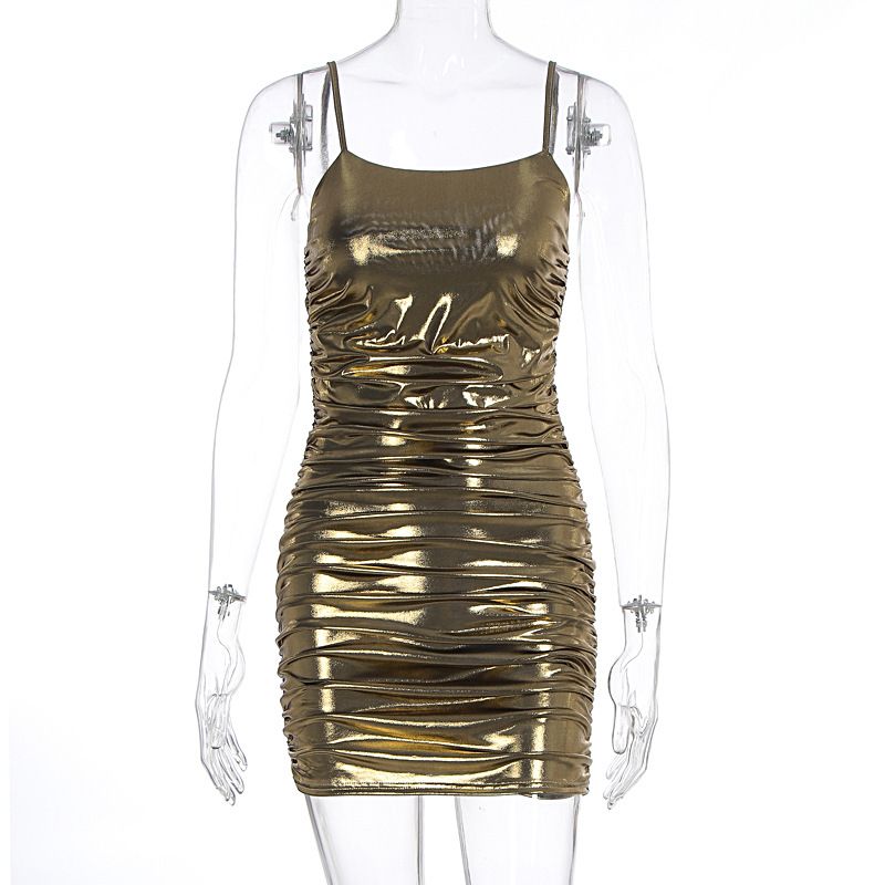 Sexy Glittery Hot Girl Metallic Gold Foil Printed Camisole Bodycon Dress For Rave Music Festival Women Summer Outfit_ecoleips.com
