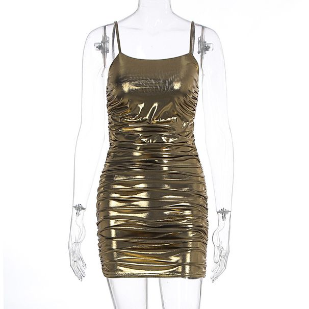 Sexy Glittery Hot Girl Metallic Gold Foil Printed Camisole Bodycon Dress For Rave Music Festival Women Summer Outfit_ecoleips.com