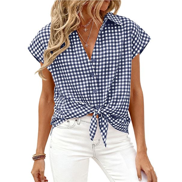 Classic Plaid Button-Down Shirt For Women, Relaxed Fit Short Sleeve Top For Casual Summer Style_ecoleips.com