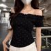 Women's Sexy Off-Shoulder T-Shirt Polka Dot Short Sleeve Ruffled Trim Revealing Collarbone Summer Top Youthful Look_ecoleips.com