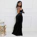 lace-up halterneck high slit solid color hot diamond dress sexy evening dress with mesh sleeves_ecoleips.com