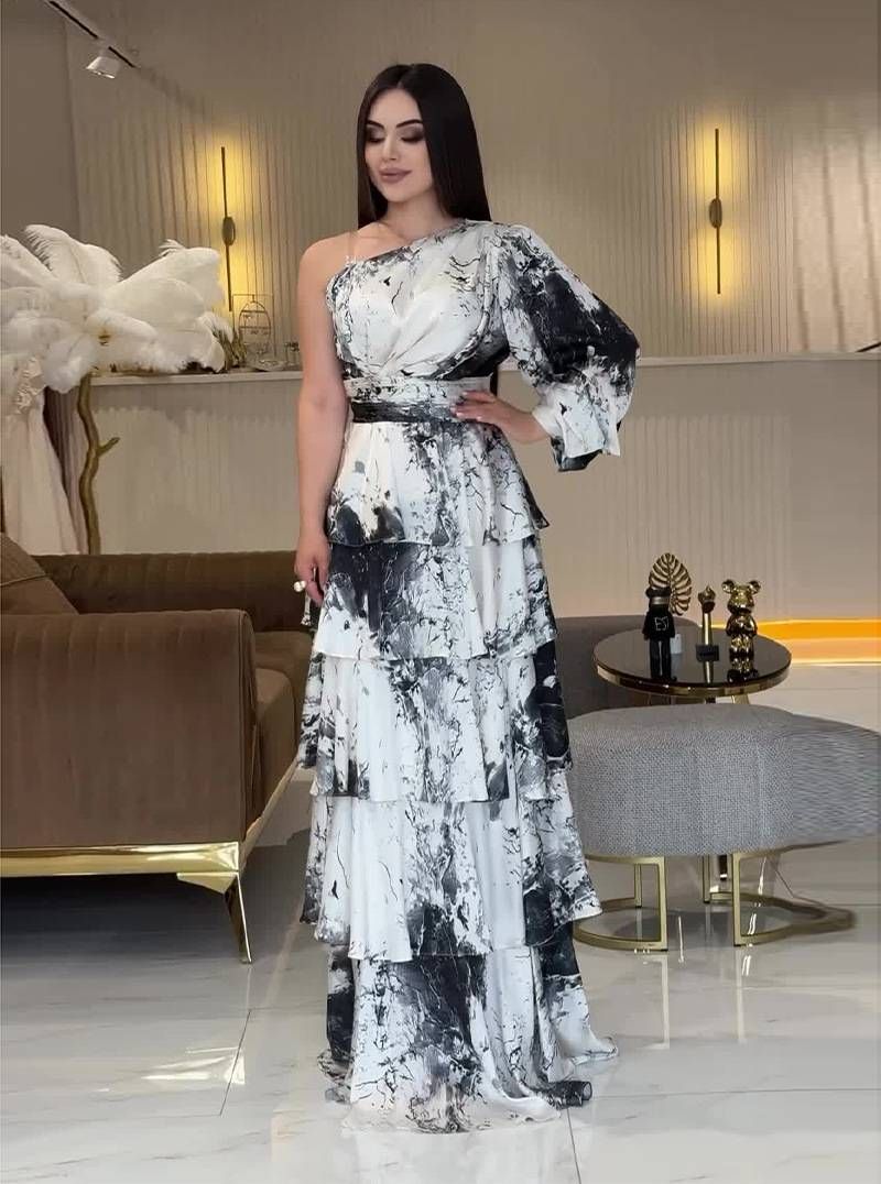Women's Summer New U Neck Printed Long Sleeved Trumpet Sleeves Fashionable Slim Dress_ecoleips.com