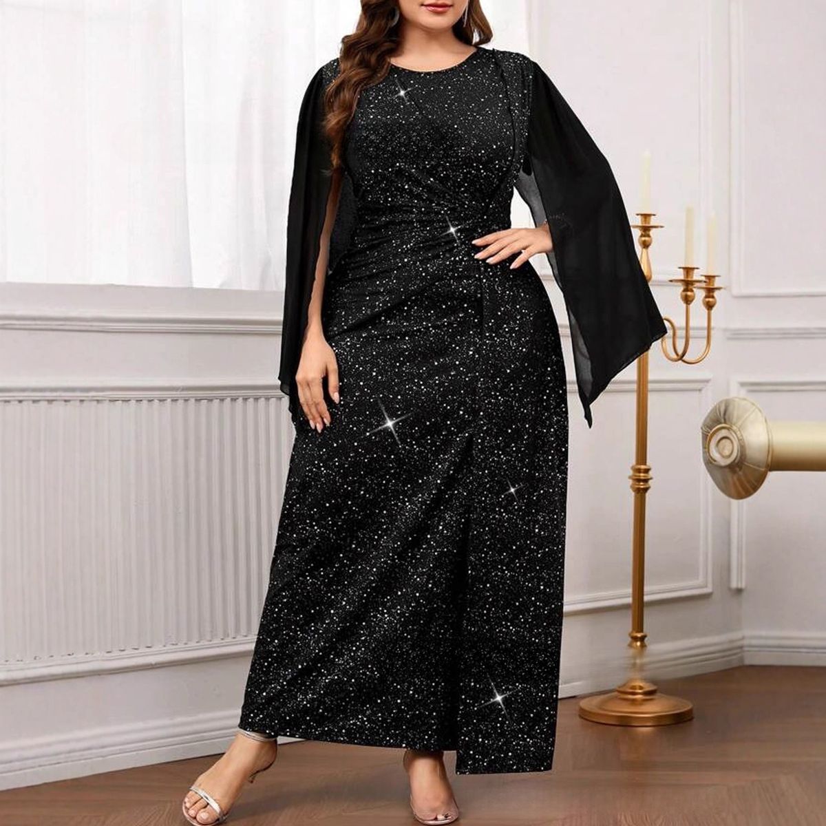 Elegant Plus Size Evening Dress With Silver Foil Accents & Cape Sleeves For Women – A-Line Long Dress In Black (Sizes 0XL-5XL)_ecoleips.com