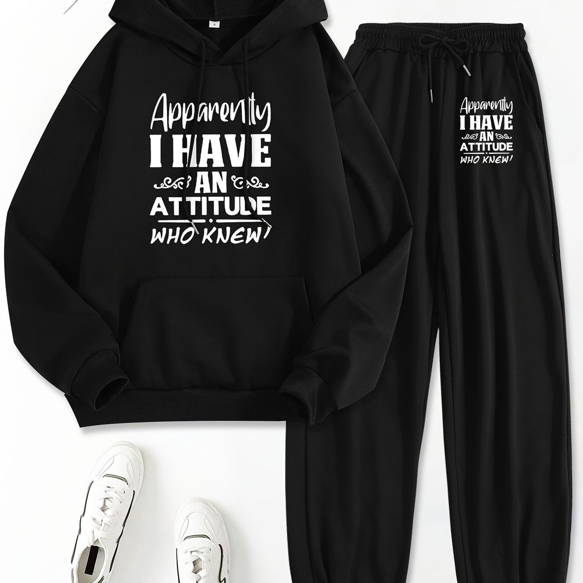 Women's Autumn And Winter Casual Fashion Letter Pattern Printed Thick Fleece Warm Hooded Sweatshirt+sports Pants Set-723_ecoleips.com