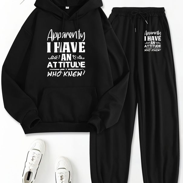 Women's Autumn And Winter Casual Fashion Letter Pattern Printed Thick Fleece Warm Hooded Sweatshirt+sports Pants Set-723_ecoleips.com