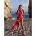 Women's Clothing Vacation Style Women's Fashion Off-Shoulder Long Dress Elegant Tie-Up Chiffon Ruffle Waist Cinching Printed_ecoleips.com