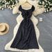 Women's Sweetheart Square Neck Polka Dot Midi Dress High Waist Puff Sleeves Charming Casual Vintage Dress_ecoleips.com
