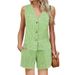 Women's Clothing Two Piece Holiday Wear Short Suit Linen Plaid Vest_ecoleips.com