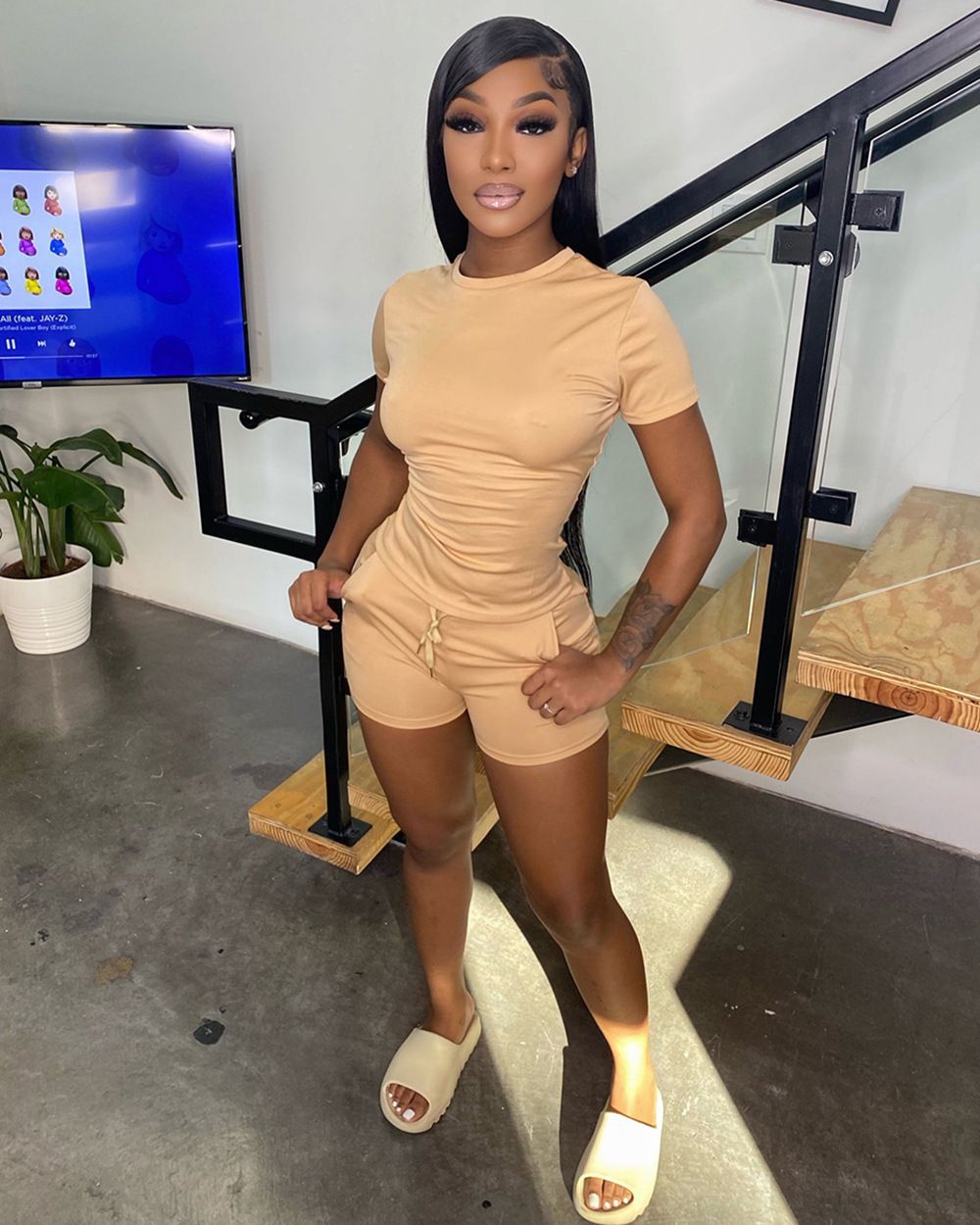 Women's Clothing Summer Two Piece Set Solid Color T-Shirt And Strap Shorts American Style_ecoleips.com
