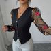 Elegant Rose Lace Sleeve Blazer For Women, V-Neck Long Sleeve Floral Print Mid-Length Office Blazer, Chic Trench Coat For Business Wear_ecoleips.com
