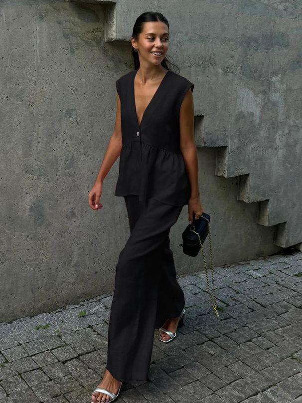 Kk V-neck Sleeveless Top, Vest, Pants Set, Women's New Style, Solid Color Temperament, Commuting Two-piece Set_ecoleips.com
