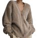 Women's Clothing Autumn And Winter Mink V Neck Knitted Sweater For Women New Loose Solid Color Cardigan Female Coat_ecoleips.com
