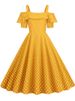 Polka Dot High Waist Vintage 50s Pleated Dress Women Summer Spaghetti Strap Elegant Ruffles Party Sundress_ecoleips.com