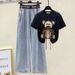 Women’s Clothing Jeans Suit Summer New Diamond Bow Short Sleeved T Shirt Women's High Waist Denim Wide Leg Pants Trend_ecoleips.com