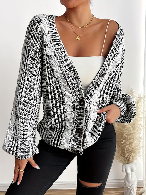Vintage Knit Cardigan – Oversized V-Need Cable Sweater With Lantern Sleeves, Chunky Acrylic Blend, Boho Open Front Coat For Women_ecoleips.com