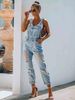 Women's Distressed Denim Overalls - Vintage Washed Light Blue Bib Overalls With Adjustable Straps_ecoleips.com