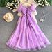 Women's French Style Maxi Dress Gentle Youthful Printed Pleated Square Neck Puff Sleeve Unique Exquisite Mesh Princess Dress_ecoleips.com