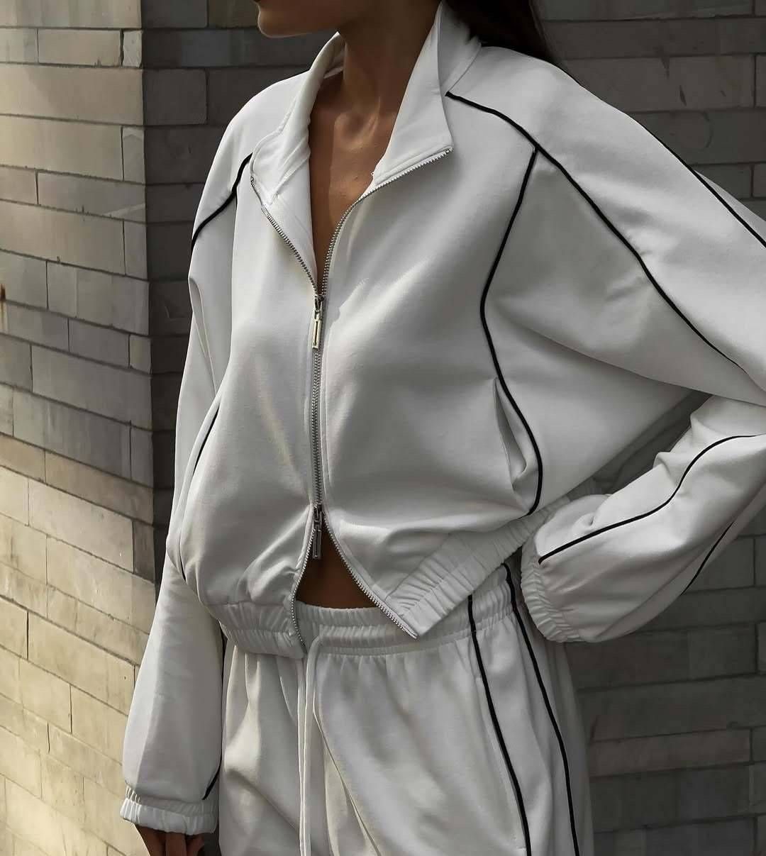 Women's Solid Color Casual Suit Long Sleeve Double Zipper Short Cardigan Lace up Sweatpants Two Piece Set European American Style_ecoleips.com